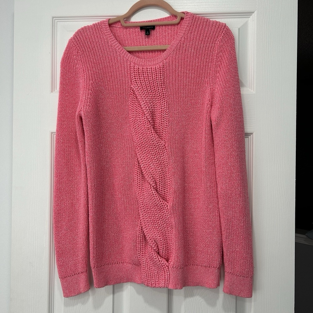Talbots women's size Medium Cotton Blend Long Sleeve Sweater Pink Large Cable